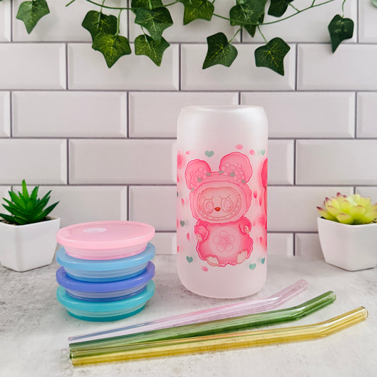 *NEW*🌸 1 of 1  "Sakura Monster" Frosted Glass Can Cup 🌸 [16oz]
